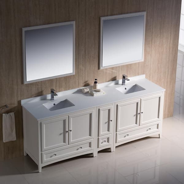 Oxford 84 in. Shaker-Style Double Sink Antique White Bath Vanity with White Quartz Top and Mirrors