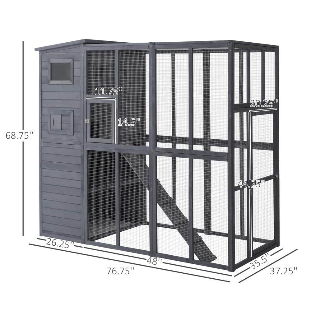 Gray Wooden Outdoor Cat House with Platforms and Ramps