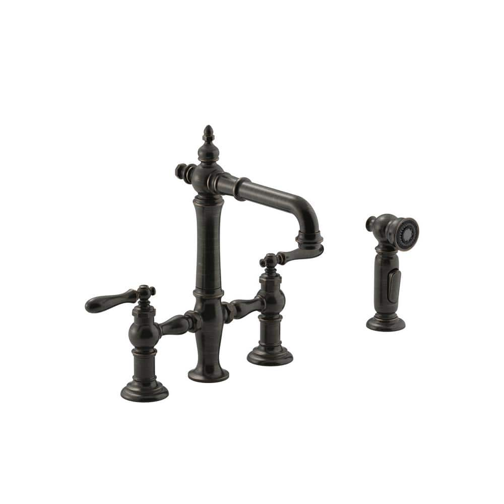 KOHLER Artifacts 2-Handle Bridge Kitchen Faucet with Lever Handles and Side Spray in Oil-Rubbed Bronze