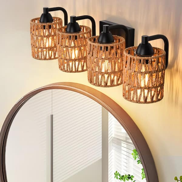 Boho 26 in. 4-Light Matte Black Vanity Light with Yellow Woven Shade