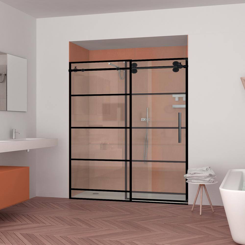 60" Matte Black Framed Sliding Shower Door with Stainless Steel Handle