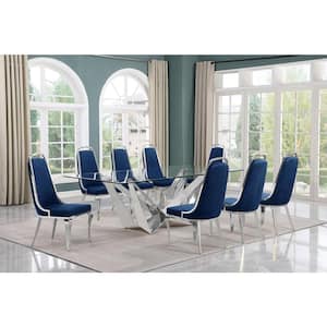 Meryl 9-Piece Rectangular Glass Top Stainless Steel Base Dining Set With 8-Navy Blue Velvet Chrome Iron Legs Chairs