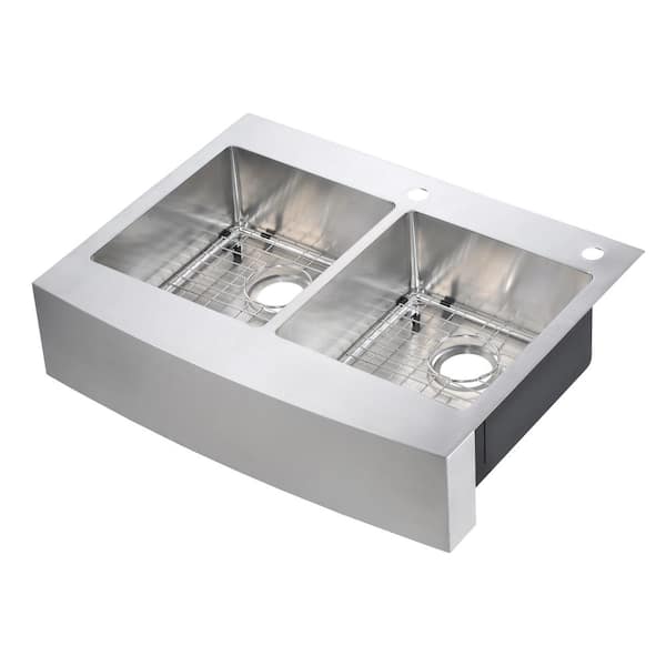 Retrofit Drop-In/Undermount Stainless Steel 33 in. 2-Hole 50/50 Double Bowl Curved Farmhouse Apron Front Kitchen Sink