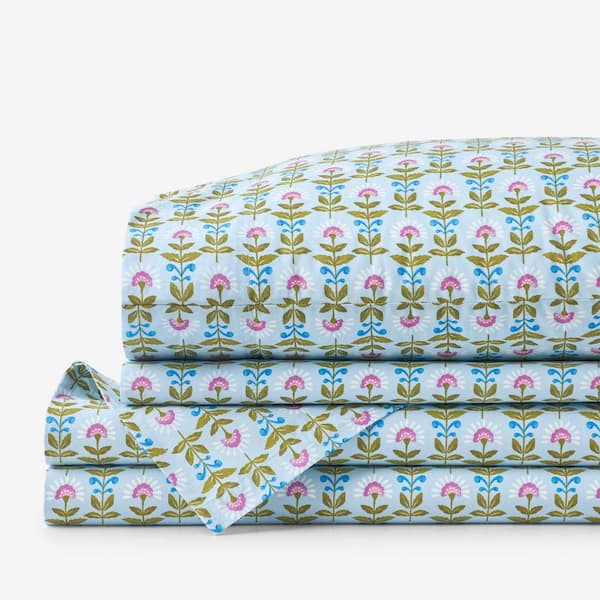 Company Cotton Idril Butti Percale Blue Multi Queen Sheet Set