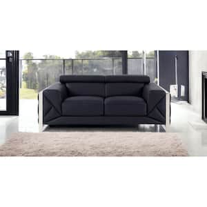 Valerie 75 in. Black Solid Leather 2-Seats Loveseat
