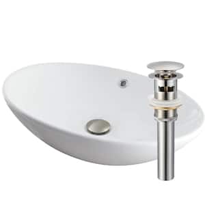 Bianco Uovo Porcelain Vessel Sink in White with Drain in Brushed Nickel
