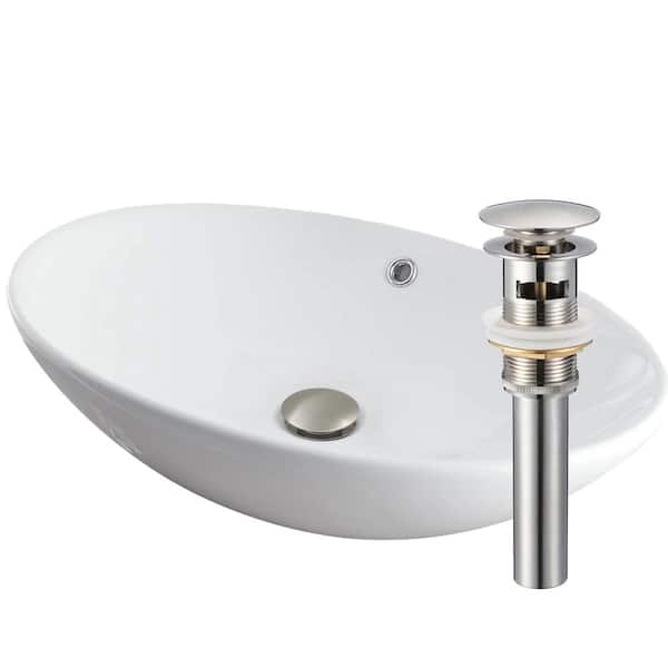 Bianco Uovo Porcelain Vessel Sink in White with Drain in Brushed Nickel