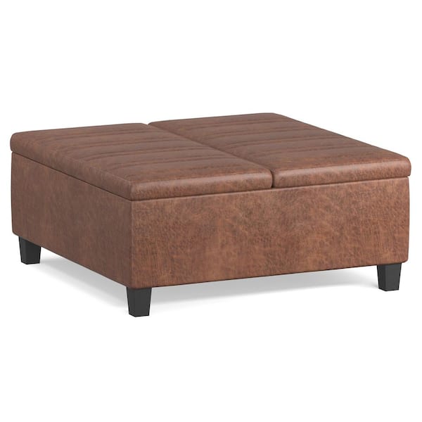 Simpli Home Ellis 36 in. Wide Contemporary Square Coffee Table Storage Ottoman in Distressed Saddle Brown Vegan Faux Leather