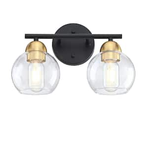 13.33 in. 2-Light Matte Black Plus Brass Bathroom Vanity Light with Clear Glass Shades