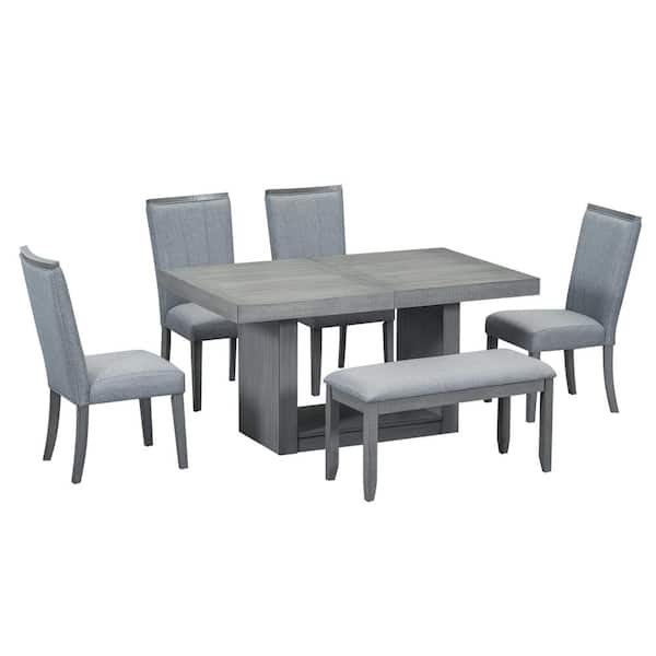 Unbranded 6-Piece Wood Outdoor Dining Set, Dining Table Set with 18 in. Removable Leaf and Gray Cushion for Dining Room, Kitchen