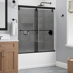 Everly 60 in. W x 59-1/4 in. H Mod Soft-Close Sliding Frameless Bathtub Door in Matte Black 3/8 in. (10 mm)Smoked Glass