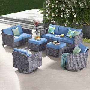 Neptune Gray 7-Piece Wicker Patio Conversation Seating Sofa Set with Denim Blue Cushions and Swivel Rocking Chairs