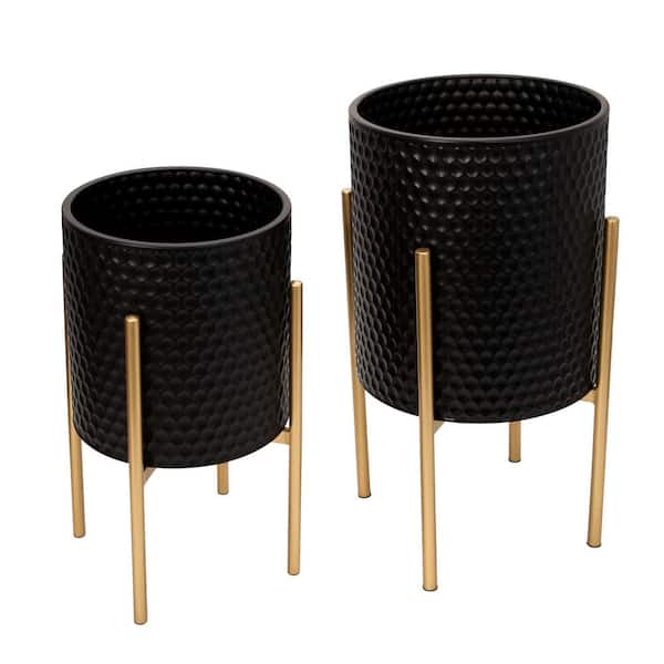14 in. x 23 in. Black Iron Honeycomb Decorative Pots With Stand (Set of 2)