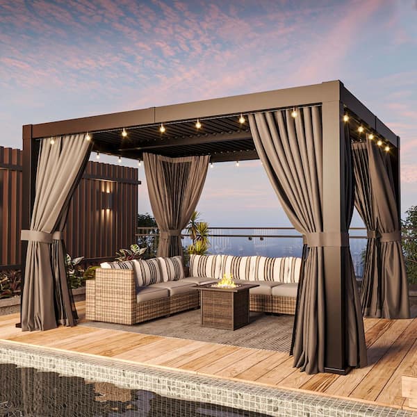 10 ft. x 12 ft. Black Hardtop Louvered Pergolas, Aluminum Frame Pergolas with Adjustable Roof for Garden