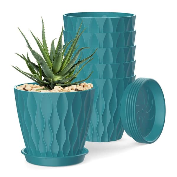 4 Inch Plant Pots with Drainage Holes and Trays Blue-Green 6 Pack