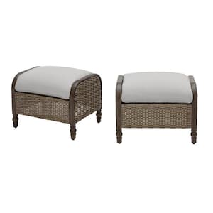 Windsor Brown Wicker Outdoor Patio Ottoman with CushionGuard Stone Gray Cushions (2-Pack)