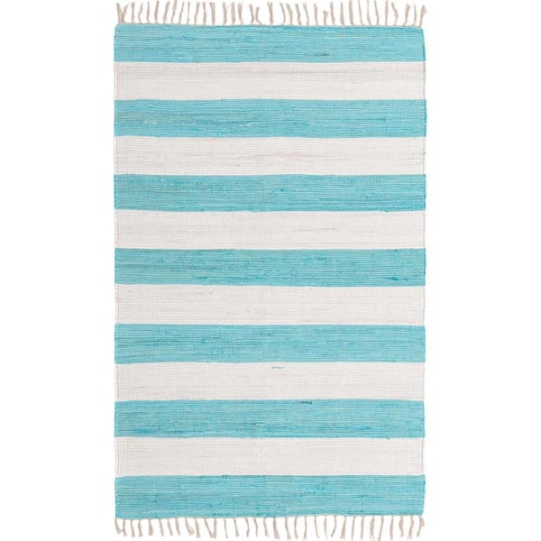 Unique Loom Chindi Rag Striped Turquoise and Ivory 5 ft. 1 in. x 8 ft. Area Rug