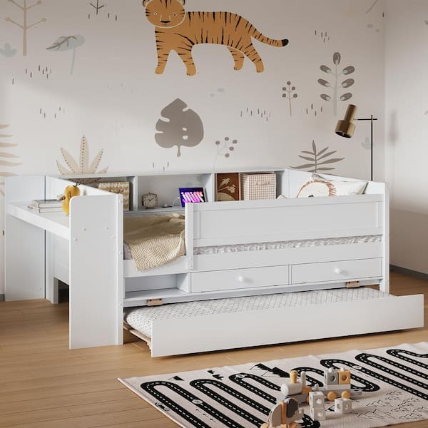 Qualler White Twin Size Multi-Functional Daybed with Desk, Trundle and USB