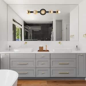 Harmoni 24.25 in. 5-Light Matte Black Vanity Light with Brushed Gold Disk Accents for Bathrooms