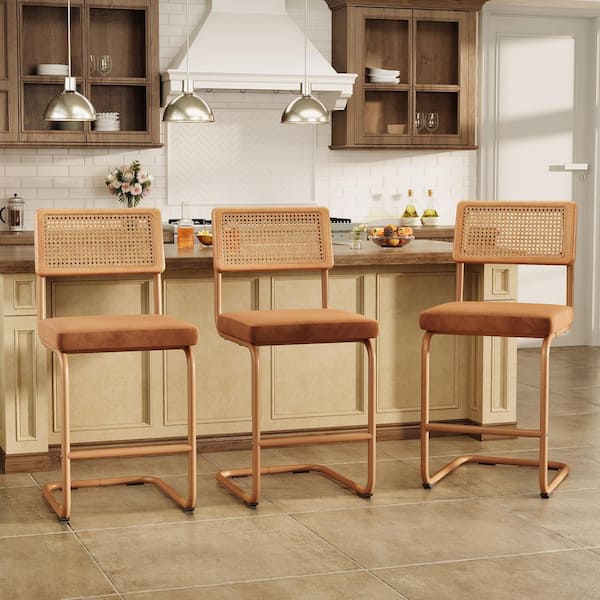 26 in. H Brown Rattan-Back Stainless Steel Bar Stool with Velvet Seat