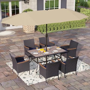 Black 8-Piece Metal Patio Outdoor Dining Set with Wood-Look Table, Umbrella and Rattan Chairs with Blue Cushion