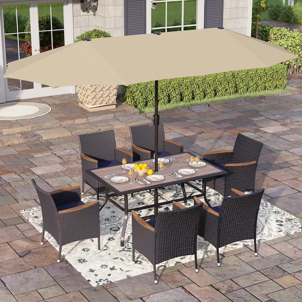 PHI VILLA Black 8-Piece Metal Patio Outdoor Dining Set with Wood-Look Table, Umbrella and Rattan Chairs with Blue Cushion