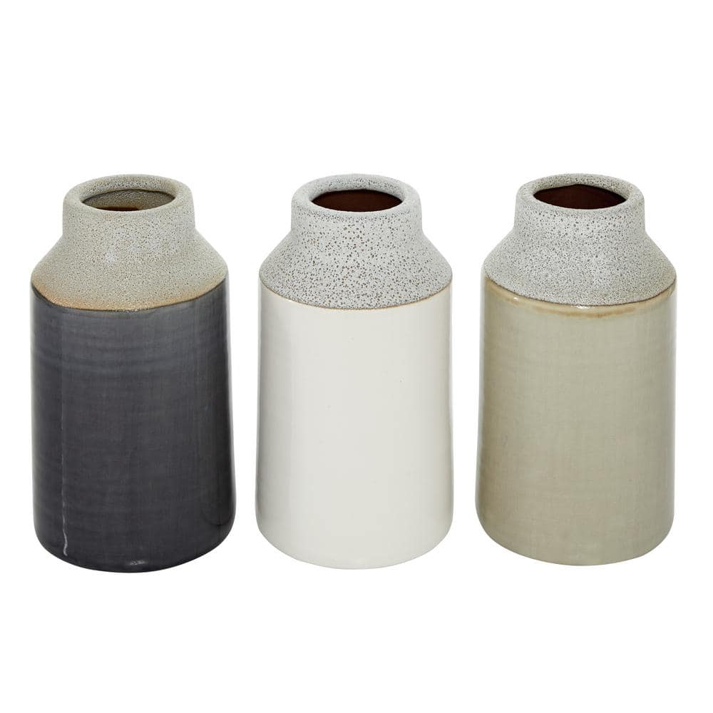 Set of 3 Glossy White, Beige, and Gray Porcelain Cylinder Vases
