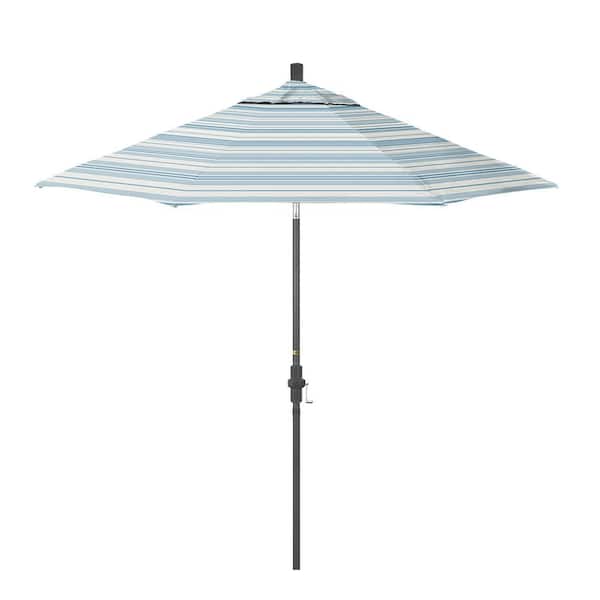 California Umbrella 9 ft. Grey Aluminum Market Patio Umbrella with Fiberglass Ribs Crank and Collar Tilt in Wellfleet Sea Pacifica Premium