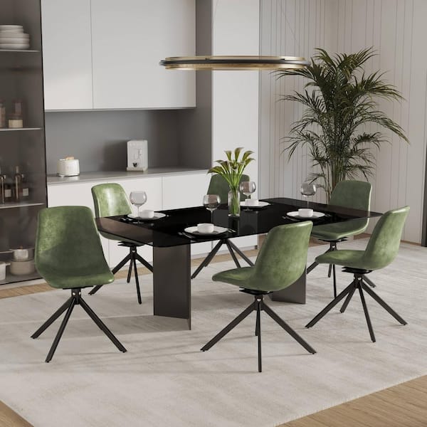 Leather Dining Chair with 360° Swivel in Black Iron Ergonomic Modern Accent Side Chair in Green