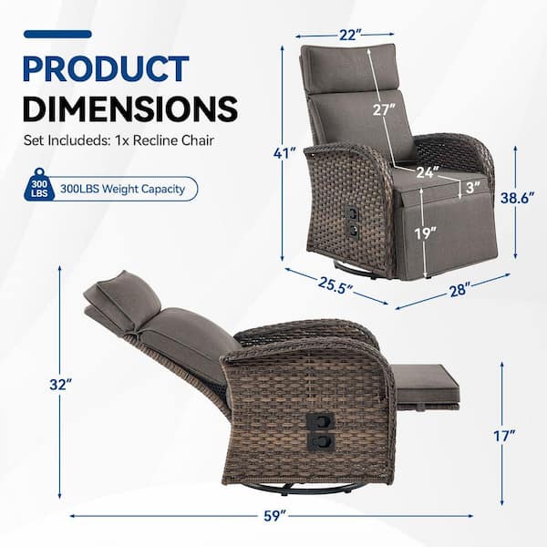 Brown 2-Piece Wicker Outdoor Recliner with Olefin Gray Cushions and Flat Armrests Patio Swivel Chairs