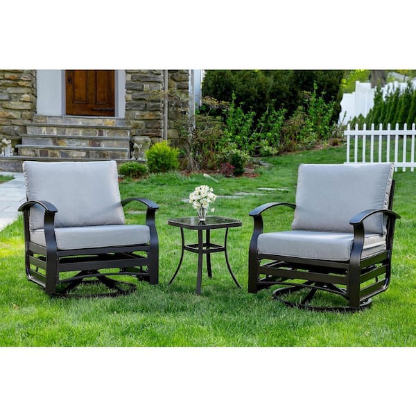 3-Piece Aluminum Swivel Outdoor Rocking Chairs Patio Conversation Set with Gray Cushions and Table, Garden, Backyard
