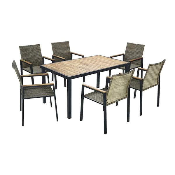 7-Piece All-Weather Patio Dining/Conversation Set, Acacia Wood Table w/ Umbrella Hole and PE Rattan Chairs in Brown Gray