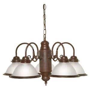 5-Light Old Bronze Chandelier with Frosted Ribbed Glass Shades