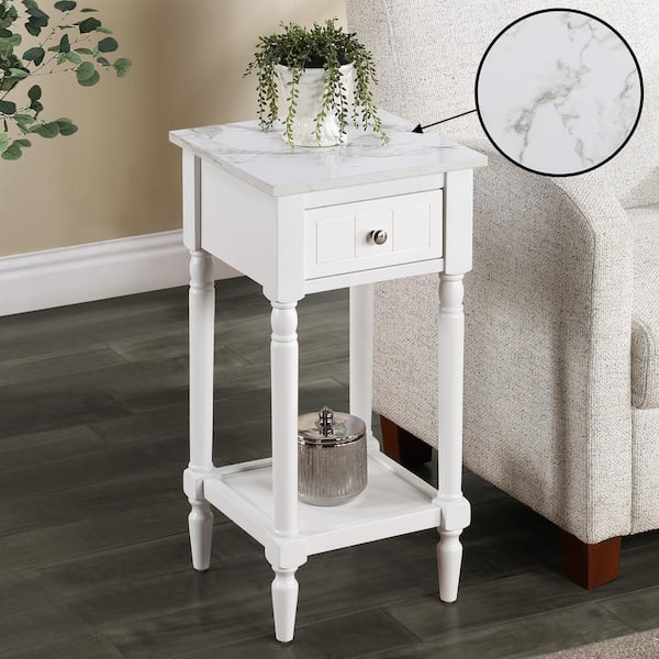 Convenience Concepts French Country Khloe 14 in. W White Faux Marble/White Square MDF Top Accent End Table with Shelf and Drawer