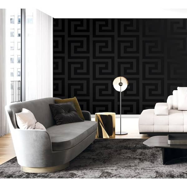57.5 sq. ft. Metallic Carbon Forte Greek Key Unpasted Nonwoven Paper Wallpaper Roll
