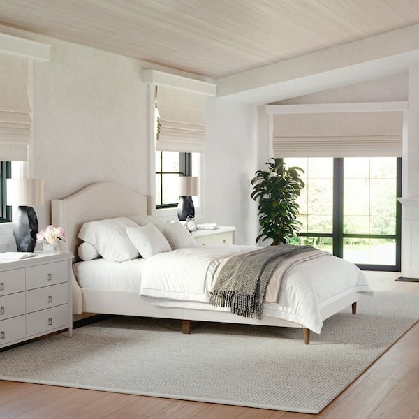 Amelia Beige Wood Frame Full Platform Bed with Upholstered Solid Wood