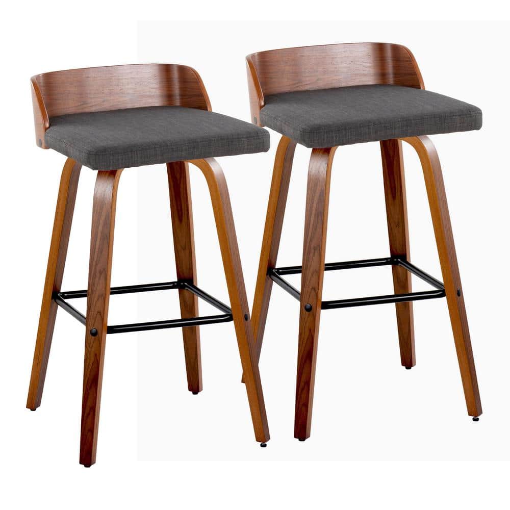 Walnut Wood and Dark Gray Swivel Barstool Set