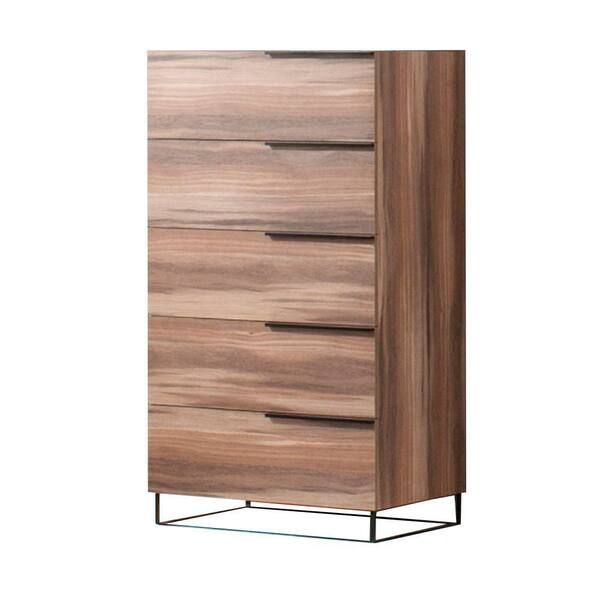 Benjara Walnut 5-Drawers Wood Tall Dresser Chest with Grain Details