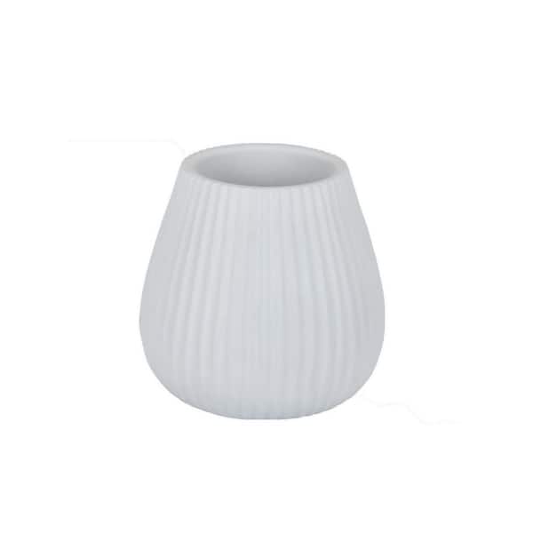 Benjara Azra 7.5 in. White Resin Round Decorative Vase with Ribbed Texture and Wide Opening
