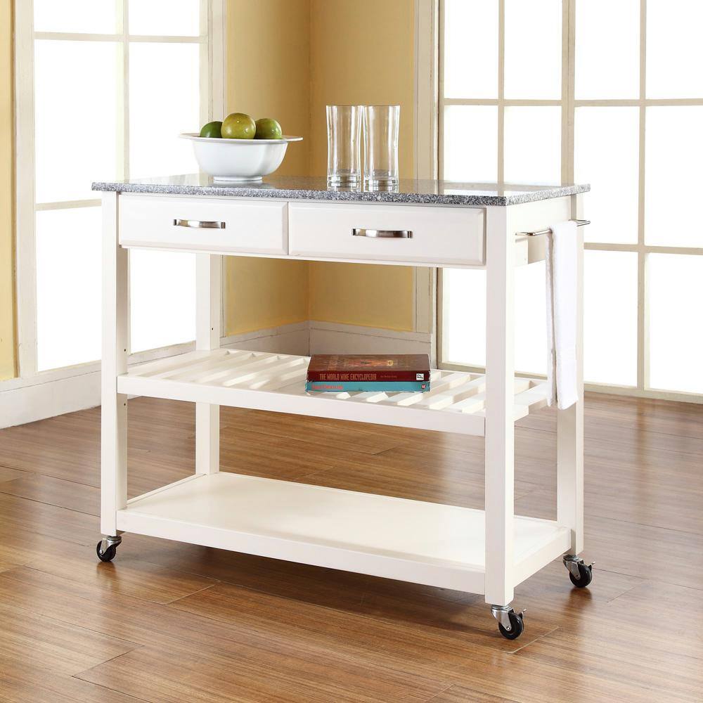 White Granite Top Kitchen Cart with Wine Rack and Storage