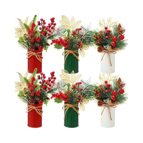17 in. Red Indoor Artificial Pine Christmas Floral Table Centerpiece Bulk in Rustic Galvanized Pots 6 Pack