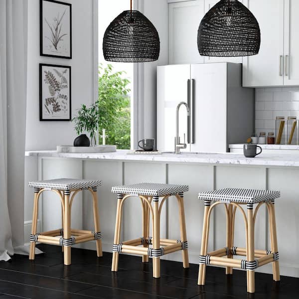 Riviera 24 in. Seat Height Black and White Square Rattan Backless Counter Stool