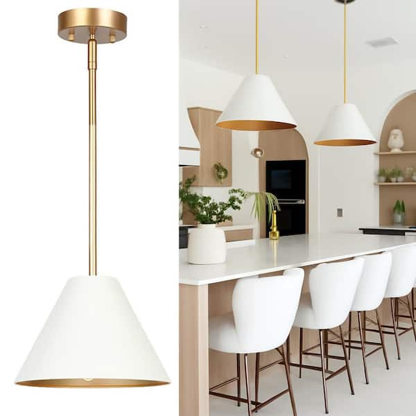 Mid-century Modern 1-Light Gold Pendant Lamp with White Cone Shade, Hanging Ceiling Light, Kitchen Island Pendant Light