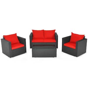 4-Piece PE Wicker Outdoor Patio Conversation Sofa Set with Red Cushions
