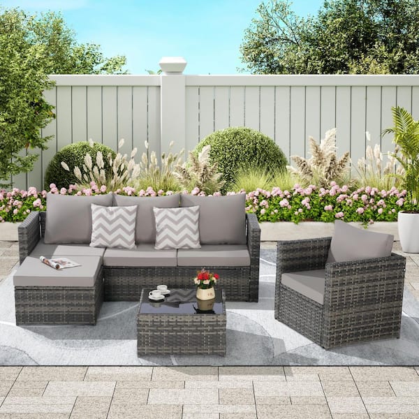 Sudzendf 3-Piece Gray L-Shaped Wicker Patio Conversation Set with Light Gray Cushions, Coffee Table