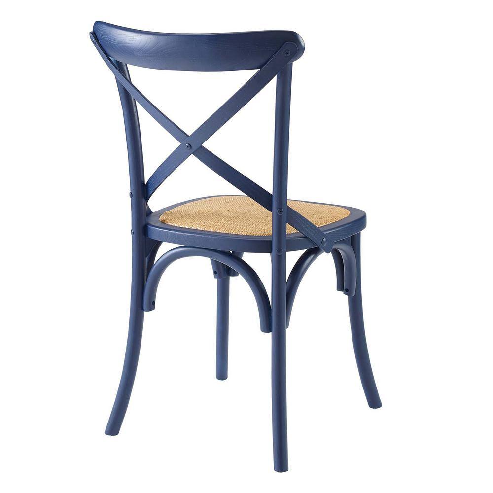 Midnight Blue Rustic Farmhouse Elm Wood Side Chair with Rattan Seat