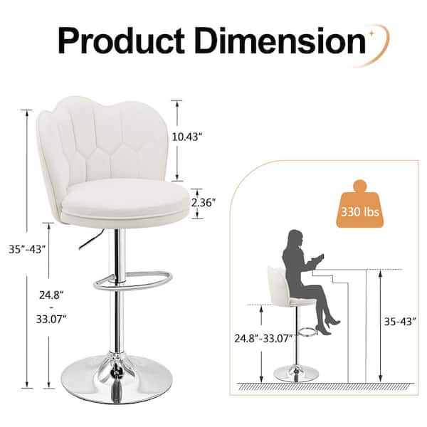 Barstools Set with Back, White Hight Adjustable Velvet Armless Counter Height Stool Kitchen Island Stool Swivel Chairs