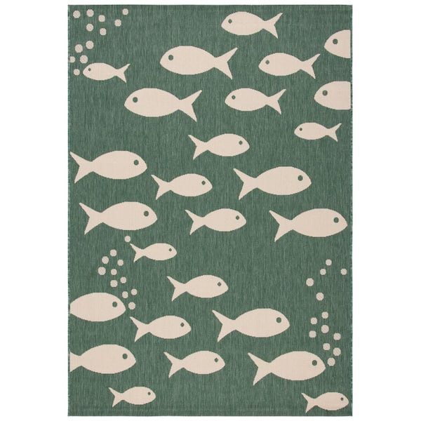 SAFAVIEH Courtyard Dark Green/Ivory 8 ft. x 10 ft. Novelty Fish Indoor/Outdoor Patio  Area Rug