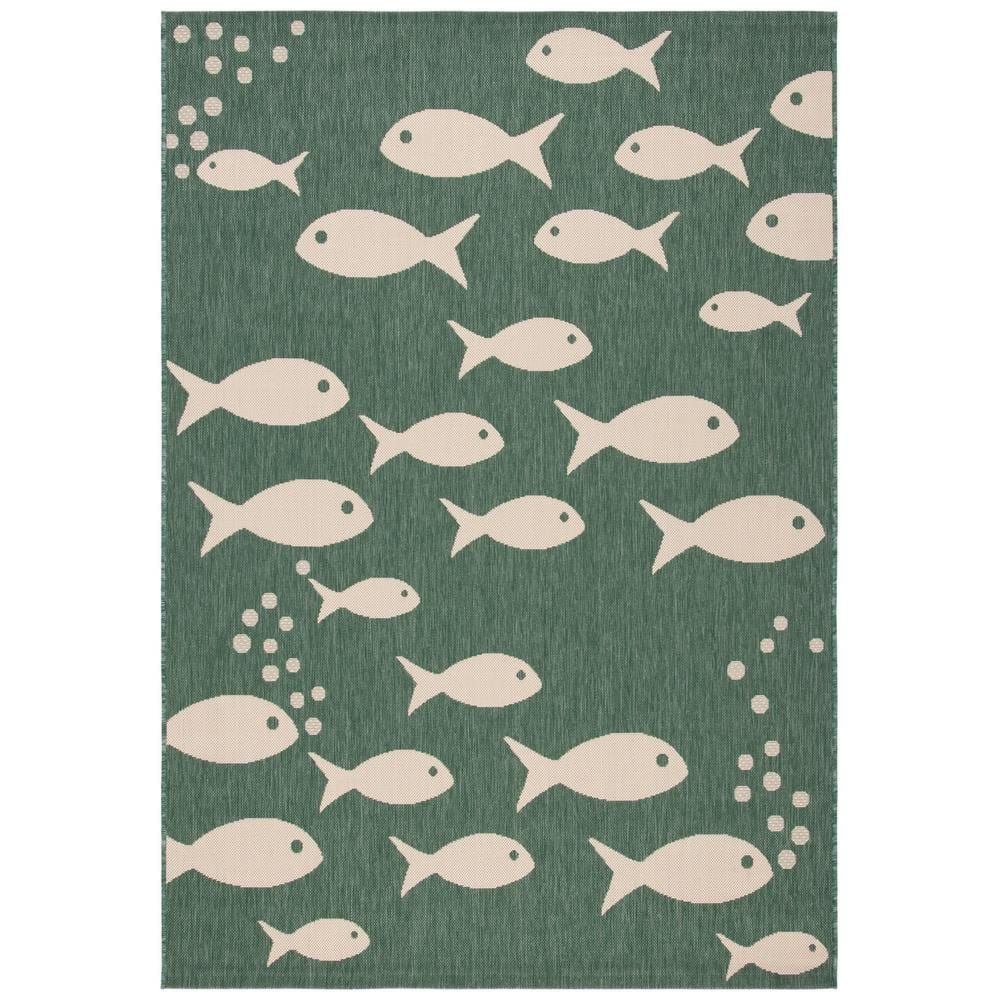 Dark Green and Ivory Fish Pattern Rectangular Synthetic Rug, 9' x 12'