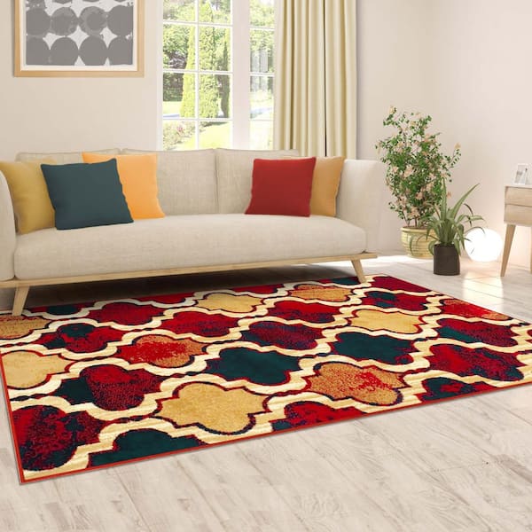 Viking Red Blue 4 ft. x 6 ft. Contemporary Trellis Non-Slip Area Rug